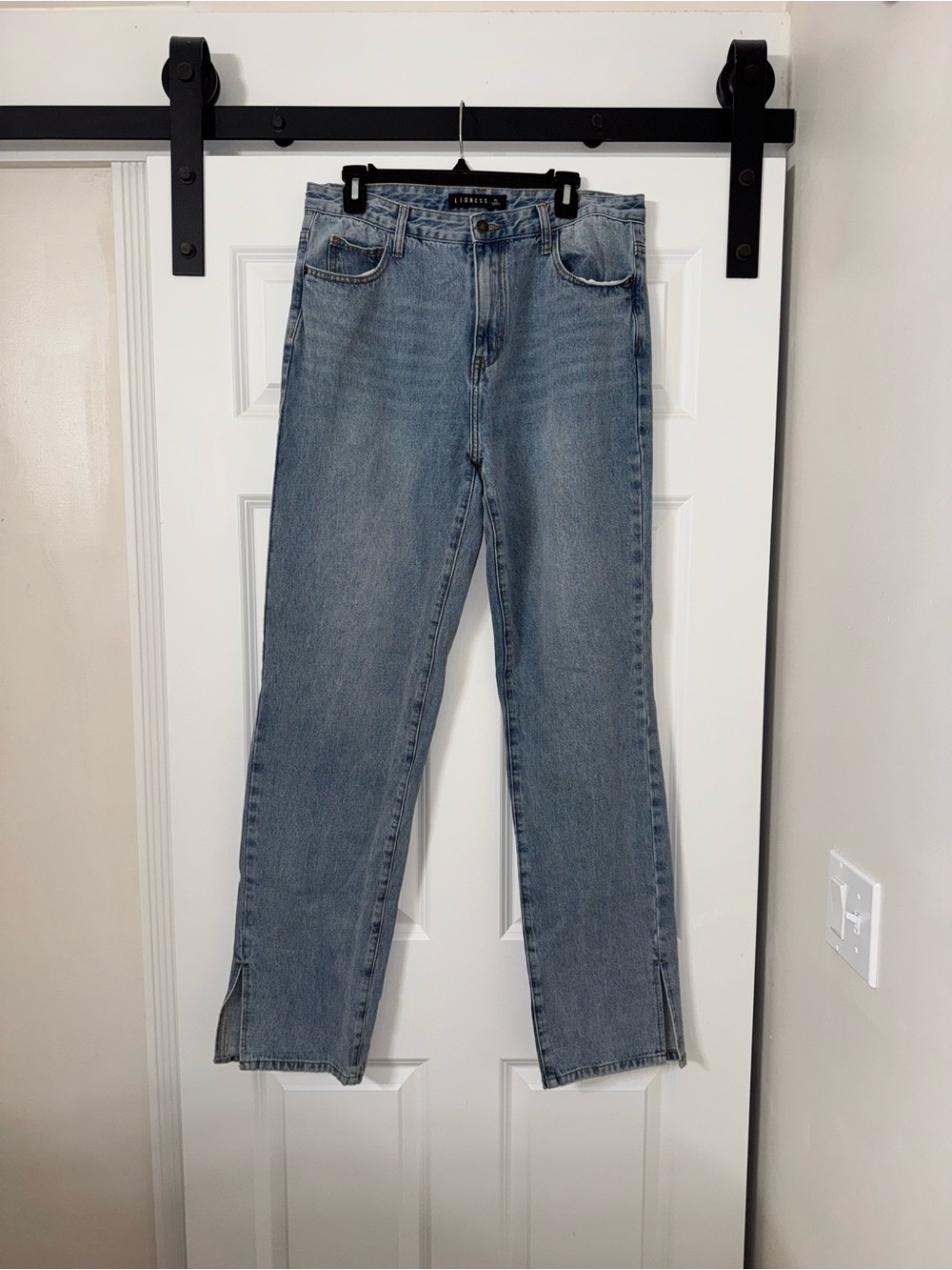 Princess Polly Alabama Lioness Light Blue Straight Leg Jeans Split Hem